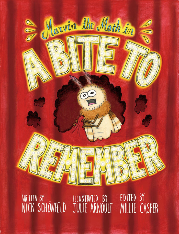 Cover of “A Bite to Remember” — Marvin the Moth on a deep-red theatre-curtain background in marquee lettering.