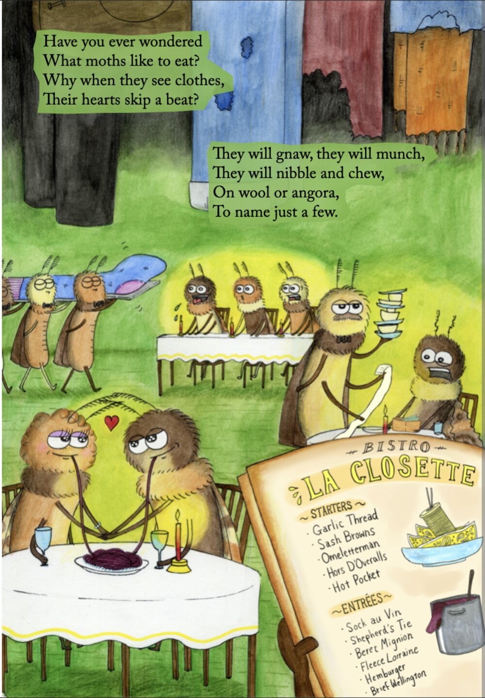 Picture-book page: moths reading a menu at a tiny restaurant.