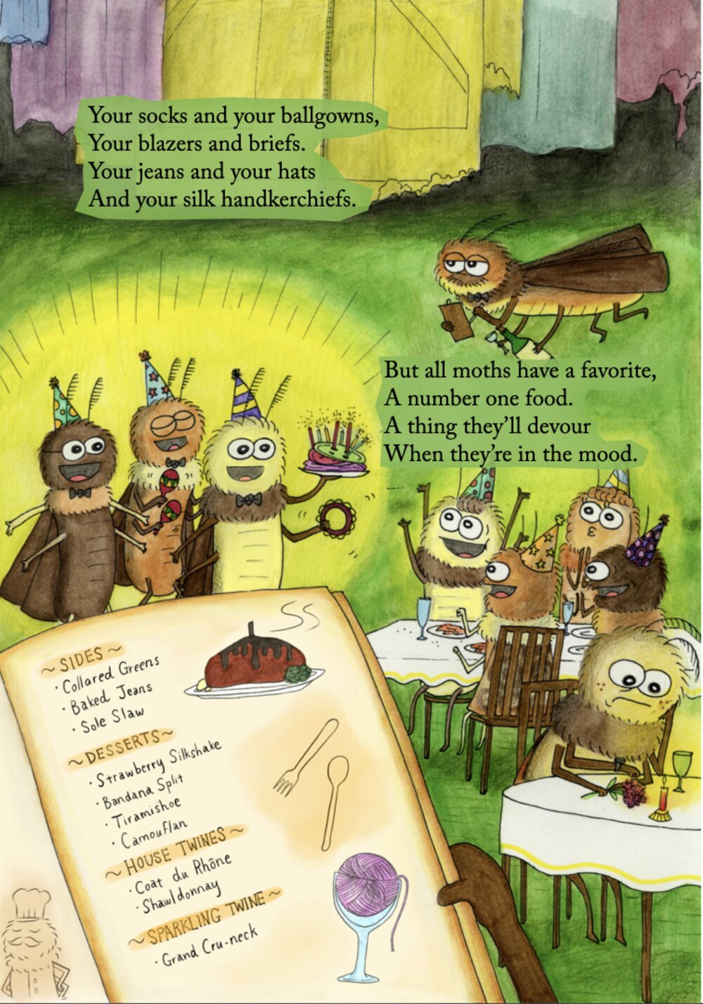 Picture-book page: moths poring over a long menu of fabrics.