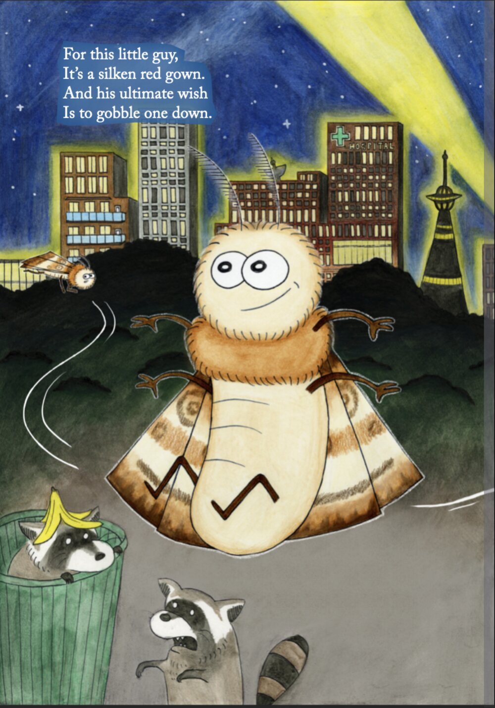 Picture-book page: Marvin among bins at night, eyeing a red gown.