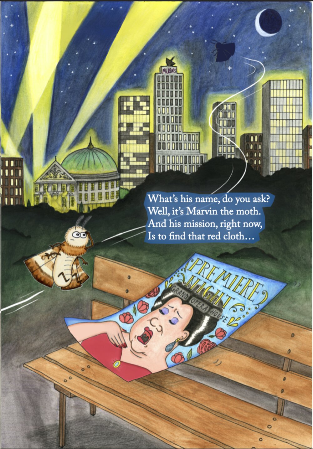 Picture-book page: Marvin the moth on a park bench under a city skyline.