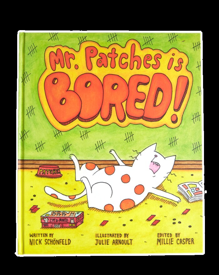 Cover of “Mr Patches is Bored!” — a spotted cat flopped on a yellow floor under bubble lettering.