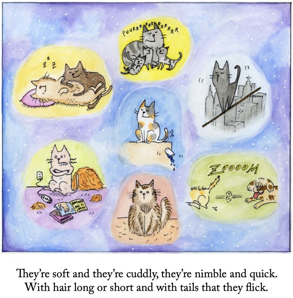 Picture-book page: cats dreaming in colourful thought bubbles.