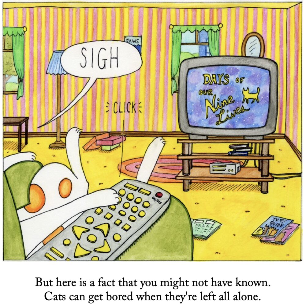 Picture-book page: a cat slumped watching television.