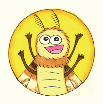 Marvin the moth grinning with his arms thrown up in the air.
