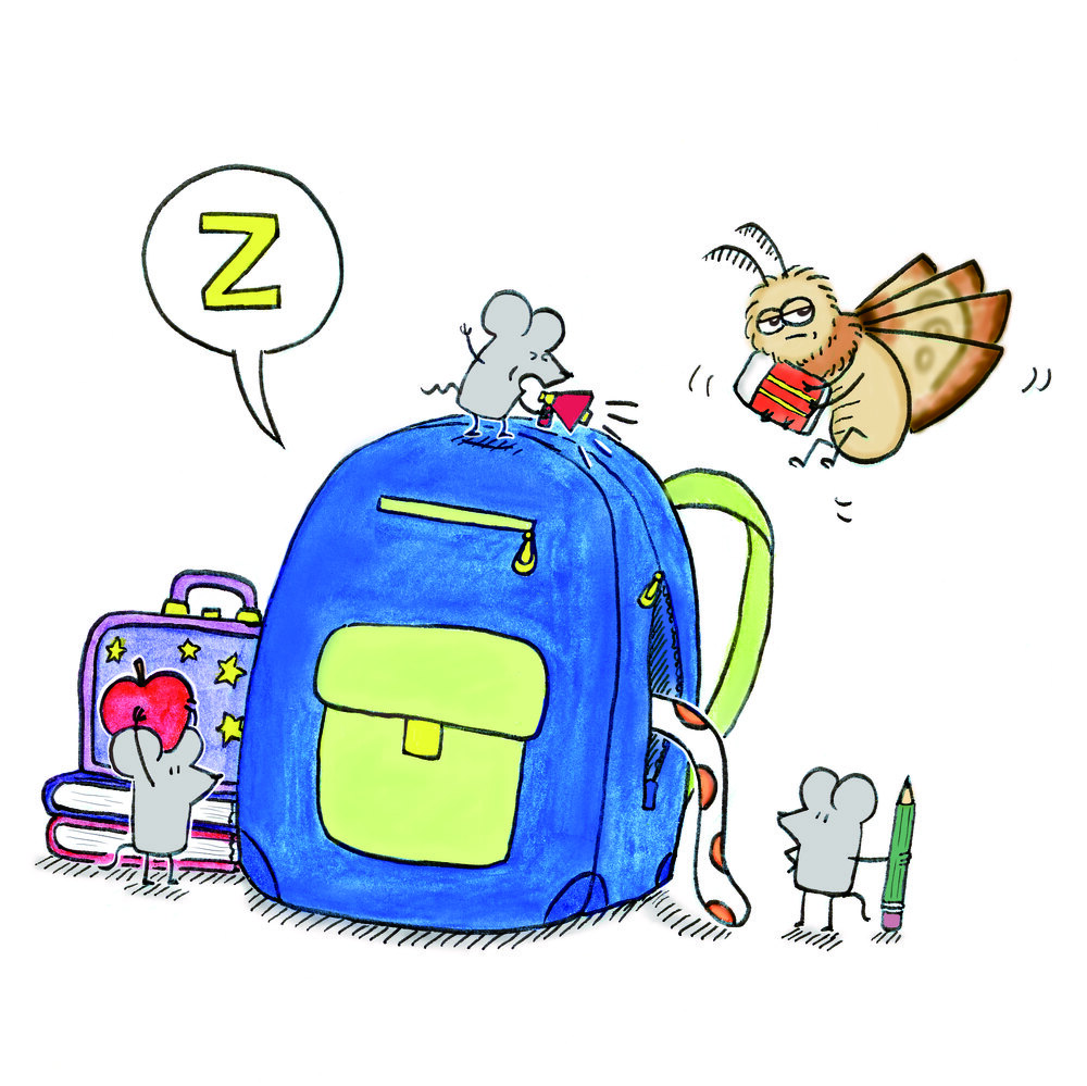 A hand-drawn scene of small mice and Marvin the moth playing around an enormous blue school backpack.